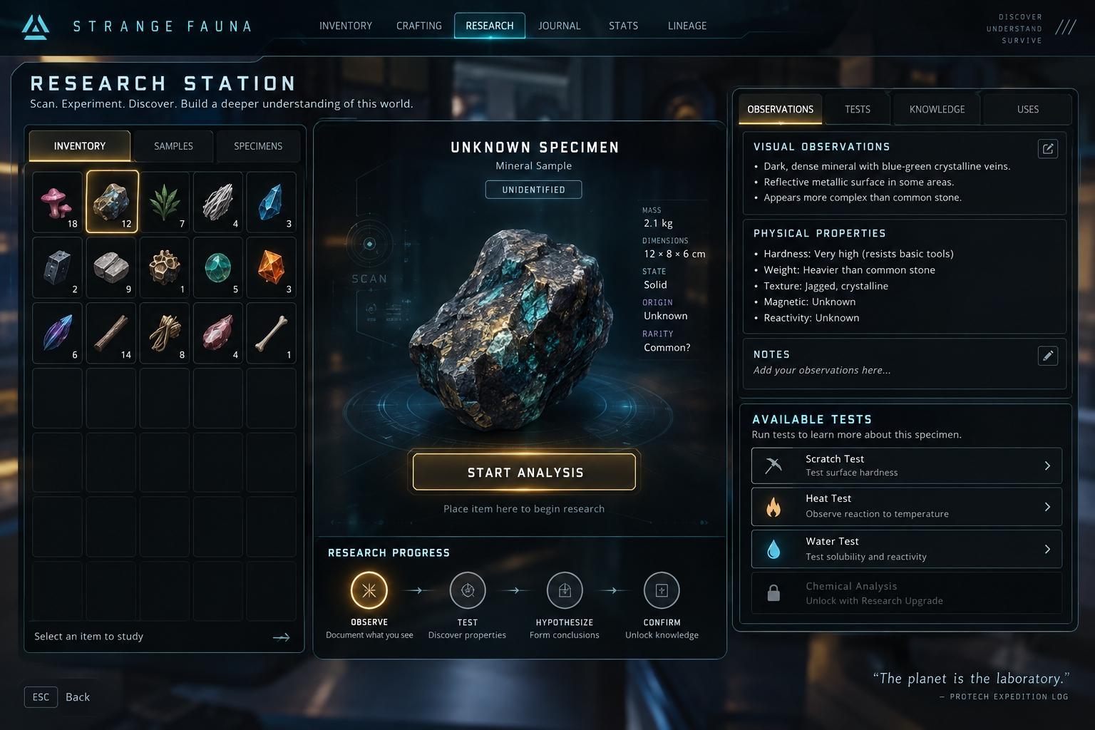 Strange Fauna research station interface